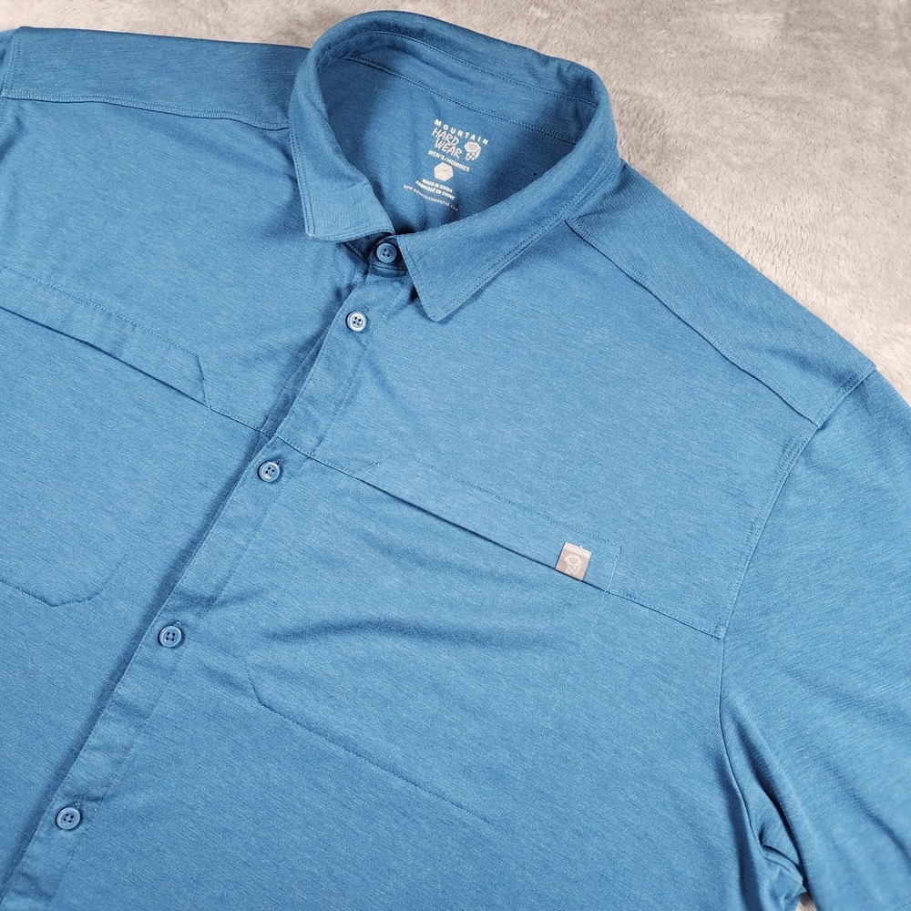Mountain Hardwear Polo Shirt Mens 2XL Blue Button Front Wool Blend Trail Hiking